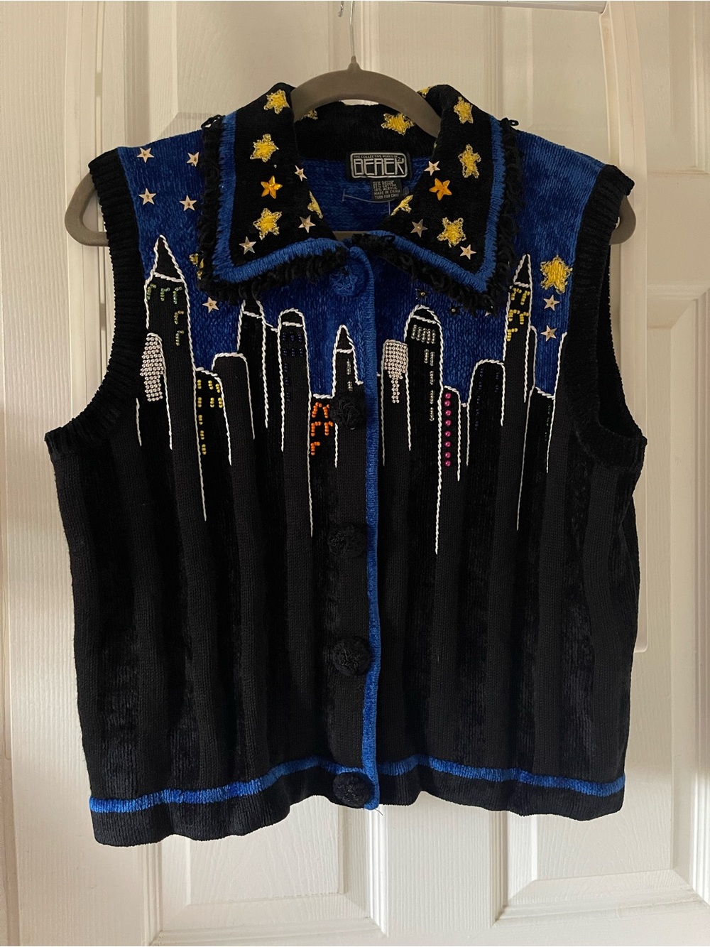 Vtg NWT Berek City Skyline Sweater Vest Beaded Stars Celestial New York Medium